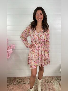 Easel Floral V-Neck Long Sleeve Dress